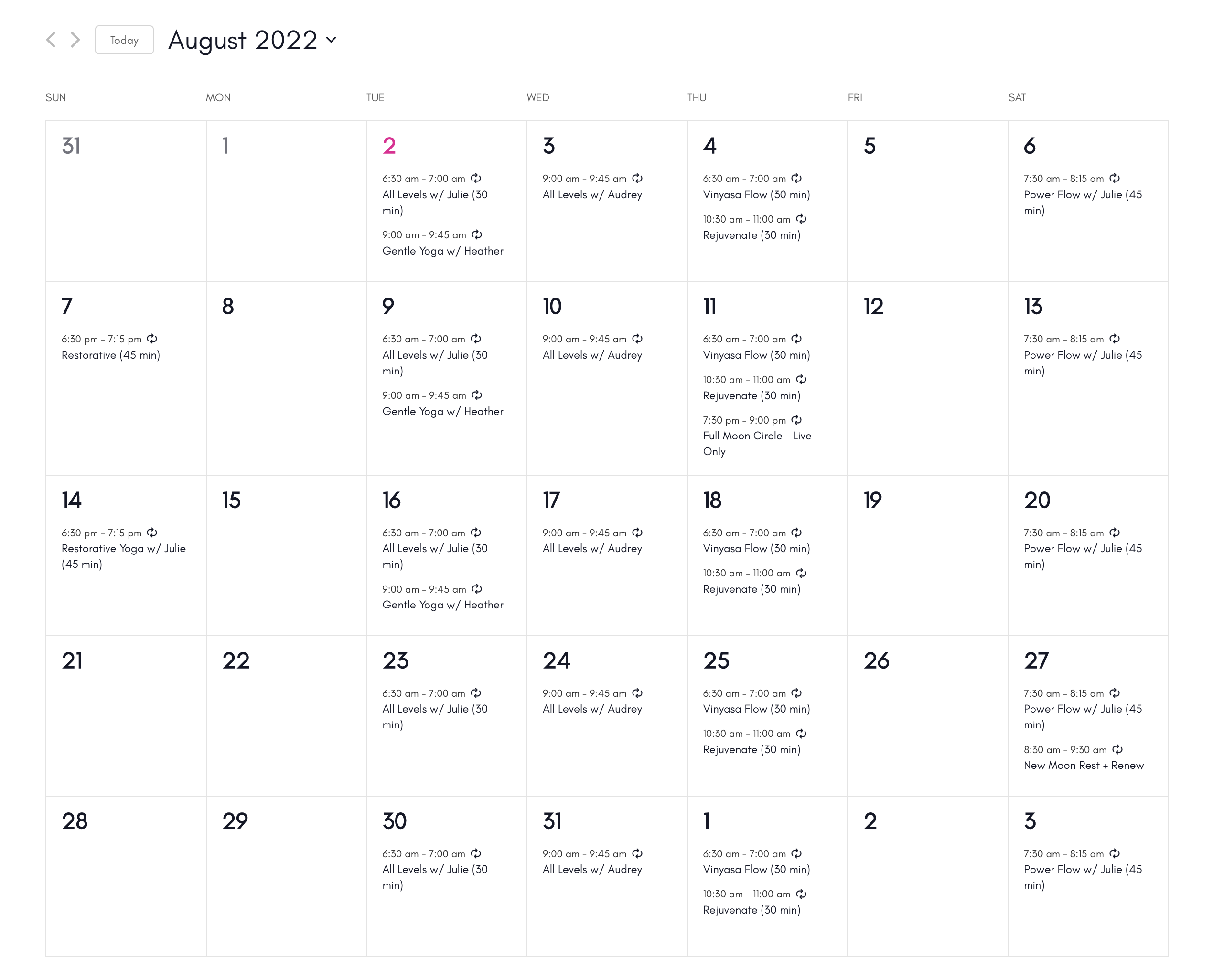 August 2022 Live Class Schedule